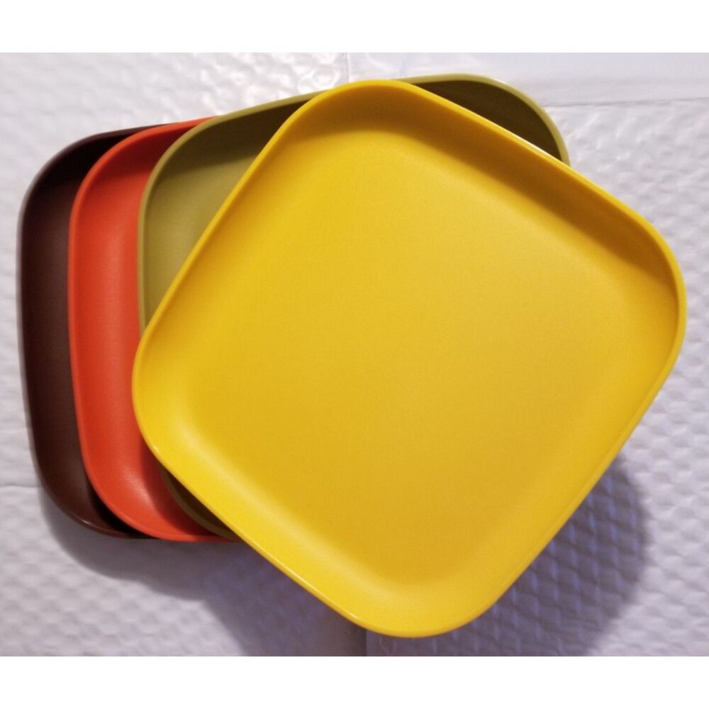 Tupperware Square Luncheon Plates 4 Harvest Colors 8" Size Picnic Camping School